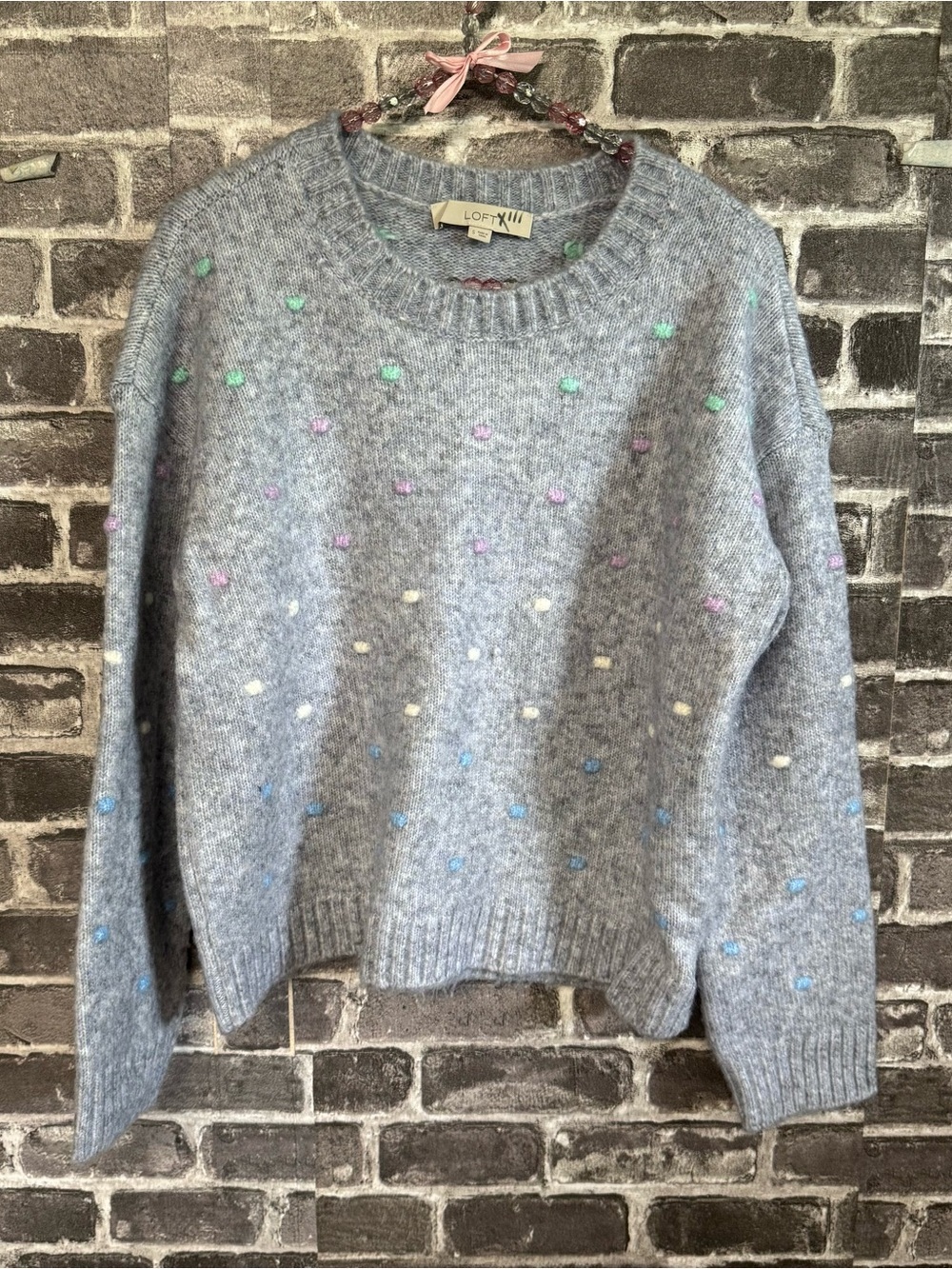 Loft Multicolored Bobble Sweater gray puffs acrylic